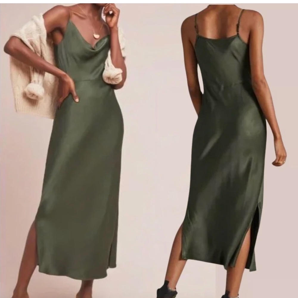 Anthropologie Olive Green Satin Midi Dress